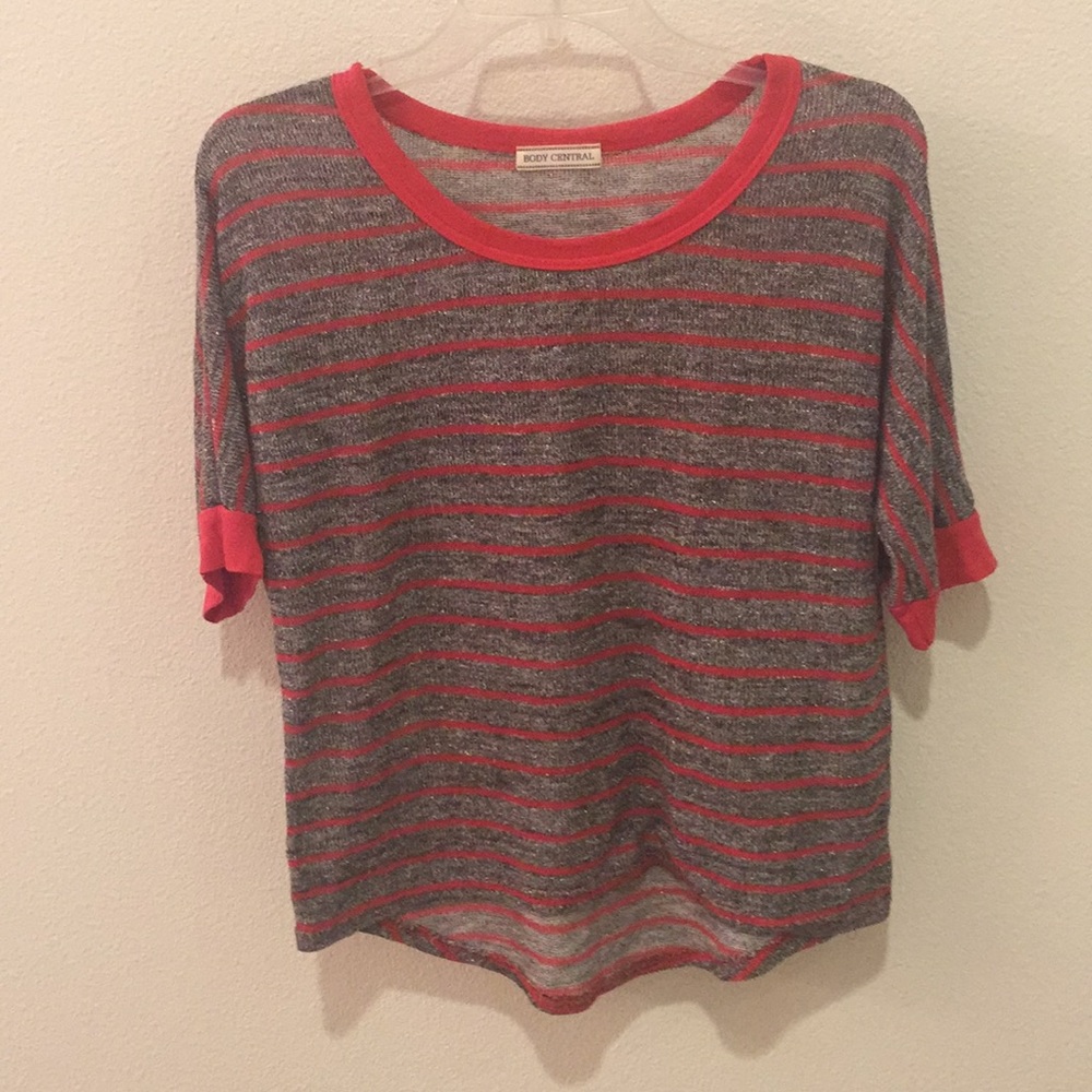 Red and Silver Striped Short Sleeve Top